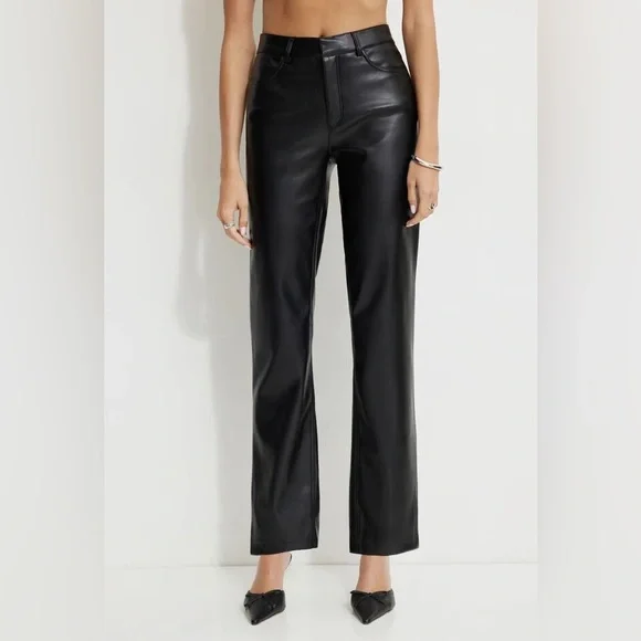 NWOT Dynamite Justina Straight Leg Black Faux Leather Pants - Picture 2 of 13